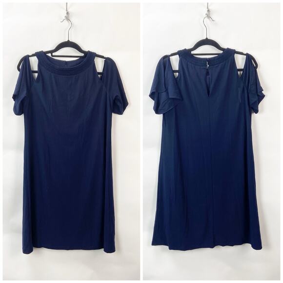 2/$30 Nine West 4 Womens Blue Jersey Knit Ruffle Collar Cold Shoulder Midi Dress - Picture 1 of 6